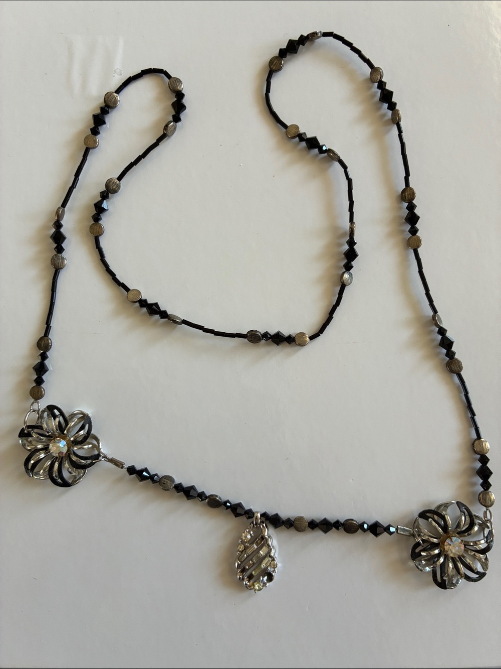Black Beaded Floral Pendant Necklace with Sparkle Accents